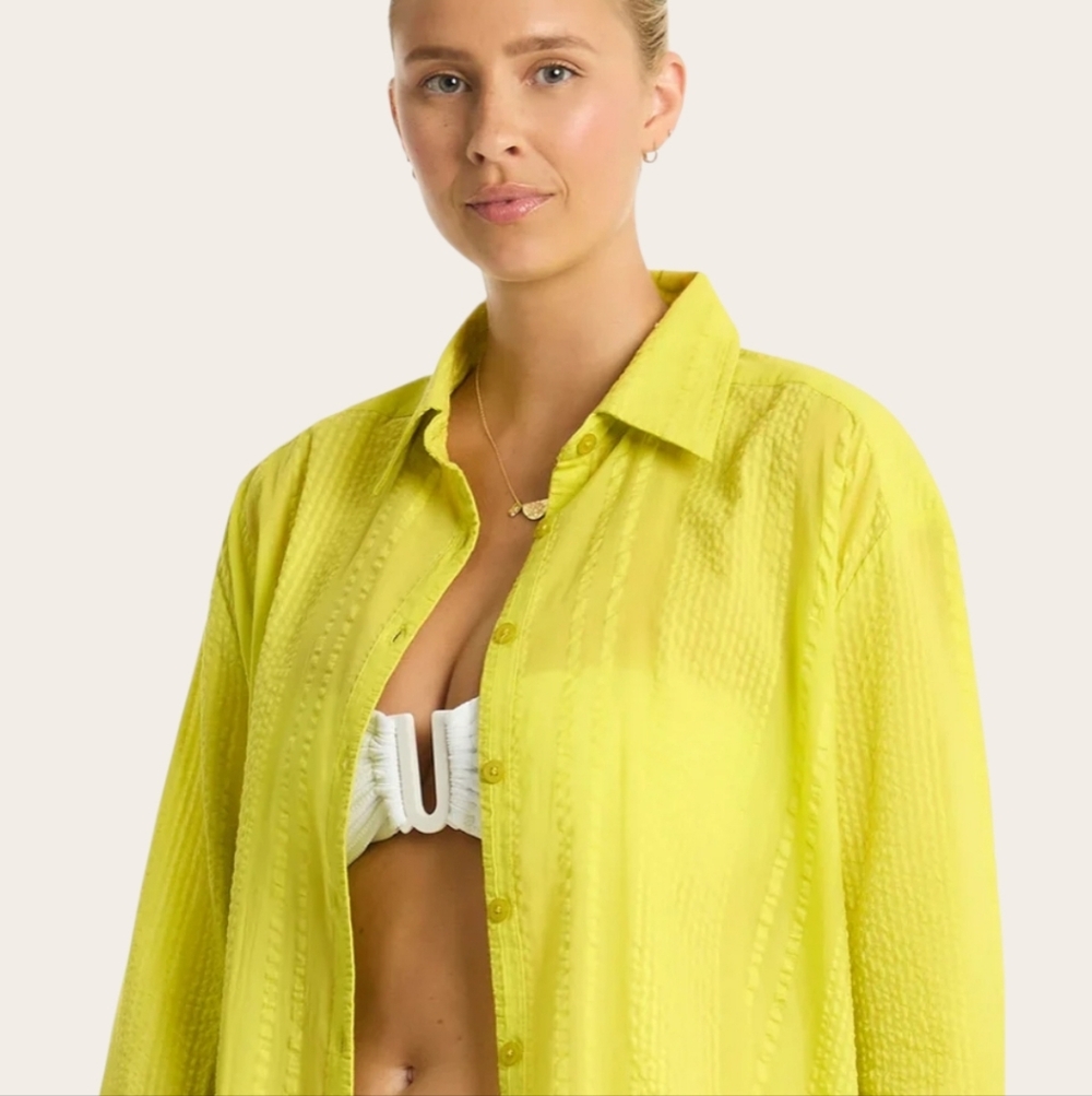 NWT SEA LEVEL SWIM AUSTRALIA Heatwave Cover Up Shirt In Citron Shimmer Small New - Picture 11 of 11